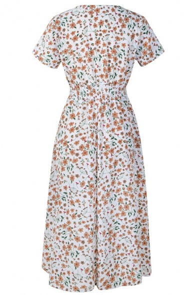 Chic Women's Dress Floral Print Sashes Detail Short Sleeves V Neck Midi A-Line Dress