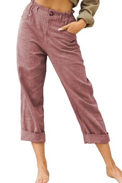 Cool Pants Pure Color Elastic Waist Regular High Rise Button Cropped Pants for Women