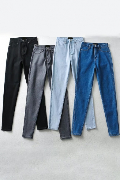 Girls Chic Jeans Plain Ankle Length Pocket Straight High Waist Zip Closure Jeans