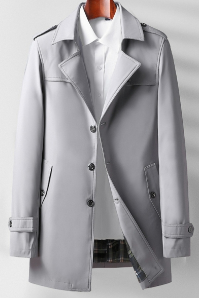 Men Modern Coat Pure Color Pocket Long-Sleeved Fitted Lapel Collar Button Fly Trench Coat