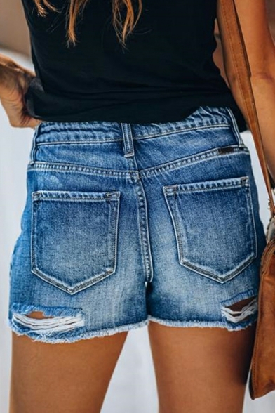 Novelty Ladies Shorts Solid Color High Rise Ripped Detailed Denim Zip Placket Shorts