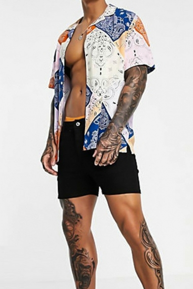 Street Style Boys Shirt Tribal Pattern Notched Collar Short Sleeve Fitted Button Fly Shirt