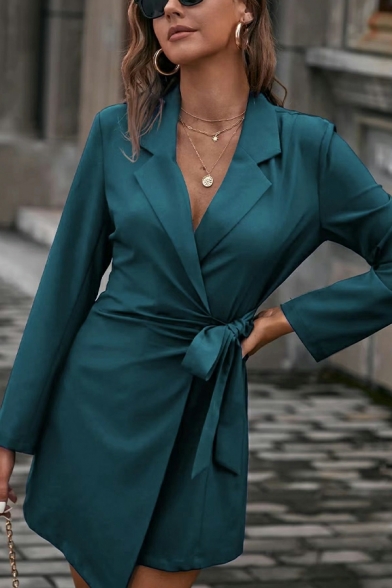 Women Hot Blazer Solid Color Lace up Closure Long Sleeve Lapel Collar Blazer