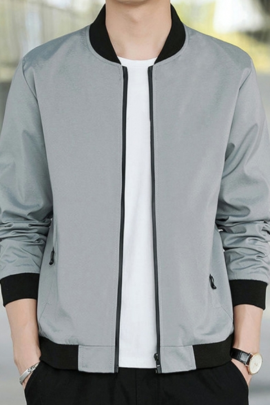 Edgy Men Jacket Pure Color Long Sleeves Pocket Stand Collar Regular Zip Up Baseball Jacket