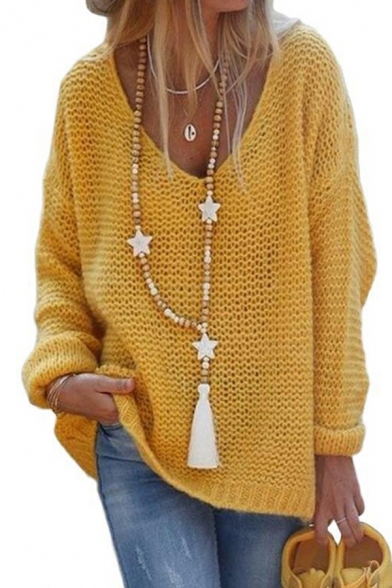 Fancy Sweater Pure Color Long Sleeves V Neck Relaxed Hollow Out Pullover Sweater for Women