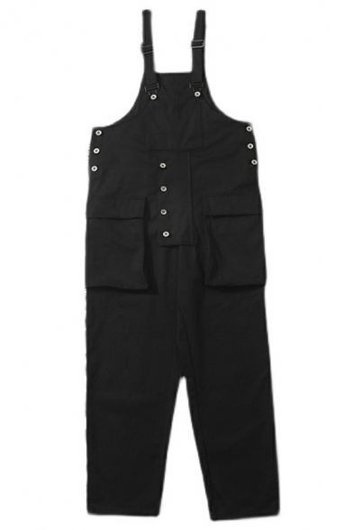 Fashionable Guys Overalls Plain Pocket Sleeveless Oversized Button Detailed Overalls