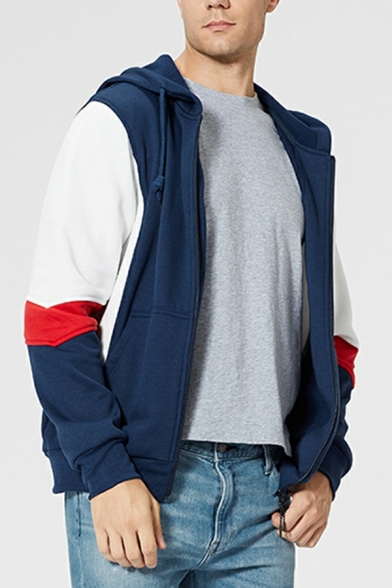 Freestyle Mens Hoodie Color Block Long-Sleeved Drawcord Hooded Pocket Zip Placket Hoodie