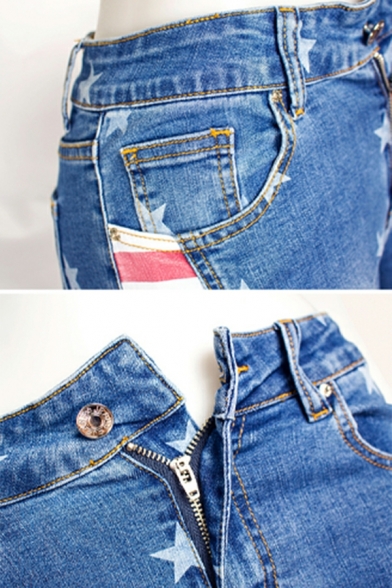 Hot Jeans Star Pattern Regular Mid Rise Zip down Contrast Stripe Flare Jeans for Women
