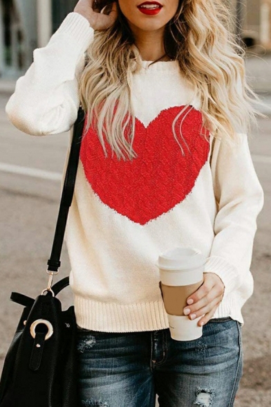 Leisure Women Sweater Heart Pattern Rib Trim Long Sleeve Crew Neck Fitted Pullover Sweater