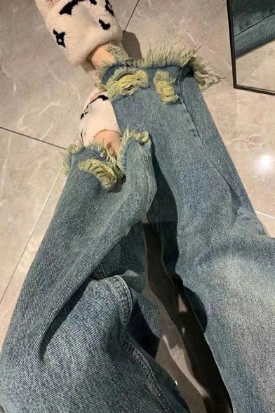 Ripped Tassel Jeans Casual Women's Loose High Waist Wide Leg Pants