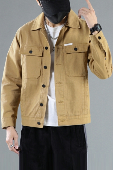 Spring Jacket Men's Long Sleeve Lapel Solid Color Button Down Jacket