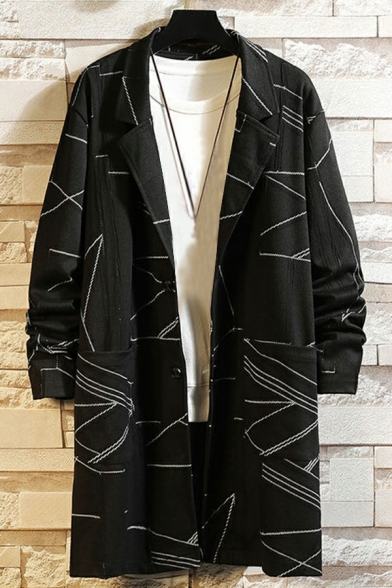 Striped Oversize Men's Coats and Jackets Long Sleeve Collarless Winter Trench Coat