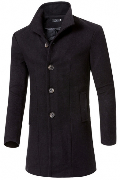 Stylish Men Pea Coat Solid Long Sleeves Skinny Button Placket Spread Collar Pea Coat