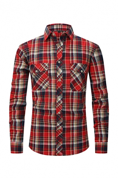 Stylish Shirt Plaid Printed Turn-down Collar Long Sleeves Slim Button-up Shirt for Boys