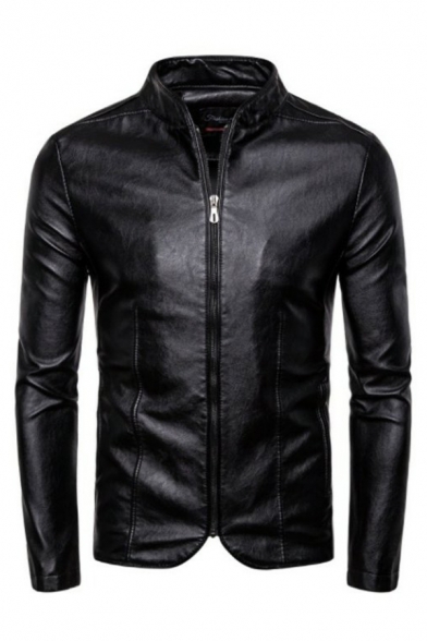 Trendy Jacket Solid Color Pocket Stand Collar Long Sleeve Zipper Skinny PU Jacket for Guys