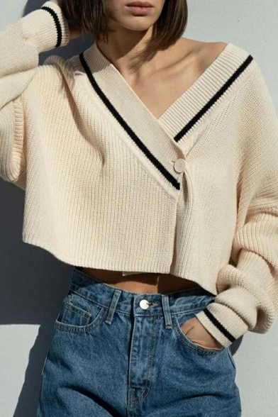 Women's Short Sweater Loose V Neck Long Sleeve One Button Sweater