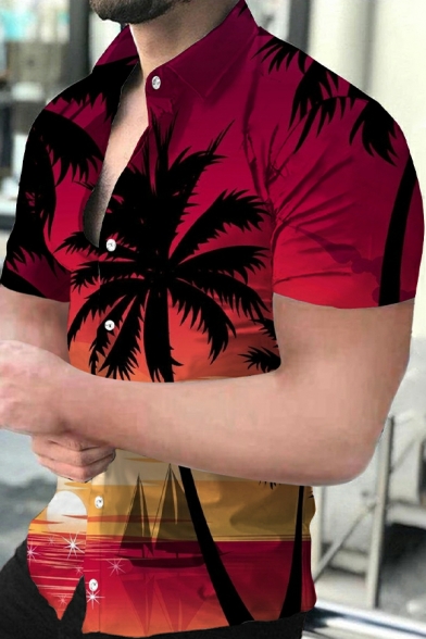 Chic Men Shirt 3D Beach Printed Turn-down Neck Short Sleeve Skinny Button Fly Shirt