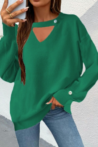 Dashing Ladies Knitwear Solid Hollow Long Sleeve V Neck Regular Pearl Pullover Sweater