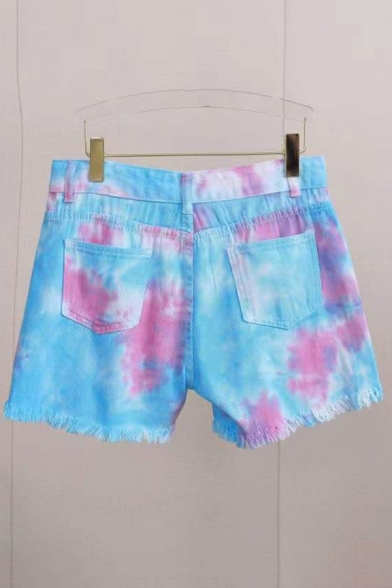 Elegant Shorts Tie Dyed Pattern Cut-outs Mid Waist Zip down Denim Shorts for Girls