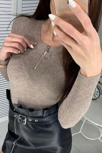 Hot Girls Sweater Plain Slim Fitted Round Neck Long-Sleeved Zip Designed Pullover Sweater
