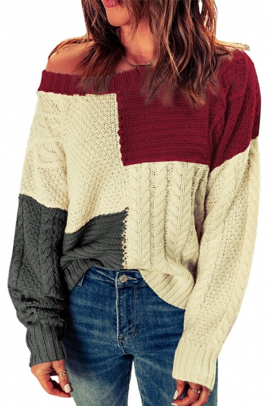 Ladies Fancy Sweater Color Block Long Sleeve Round Neck Relaxed Pullover Sweater