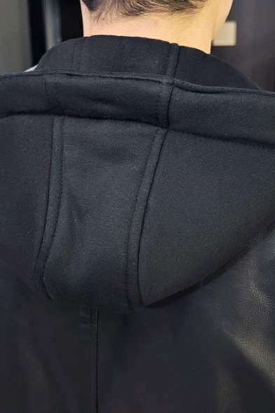 Leisure Men Jacket Solid Pocket Hooded Long Sleeve Regular Fit Zip Fly Leather Jacket