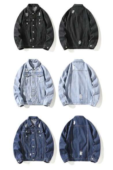 Men's Denim Jacket Casual Loose Long Sleeve Ripped Hole Stand Collar Jacket