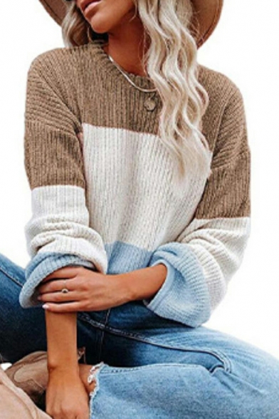 Popular Women Sweater Color-blocking Long Sleeves Round Neck Oversized Pullover Sweater