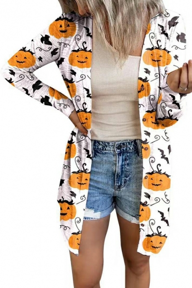 Stylish Cardian Helloween Printed V Neck Long-sleeved Button Placket Cardian for Girls