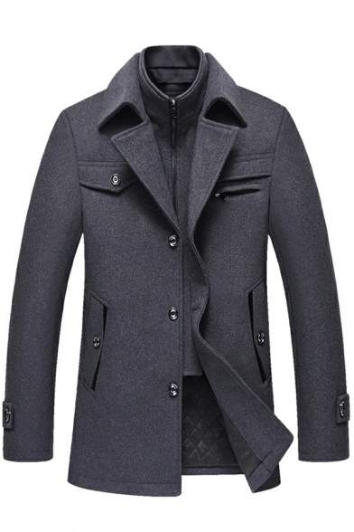 Trendy Pea Coat Plain Long-Sleeved Regular Button Fly Lapel Collar Pea Coat for Guys