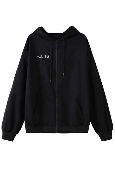 Women Stylish Hoodie Solid Color Loose Fitted Long-Sleeved Hooded Drawstring Zip-up Hoodie