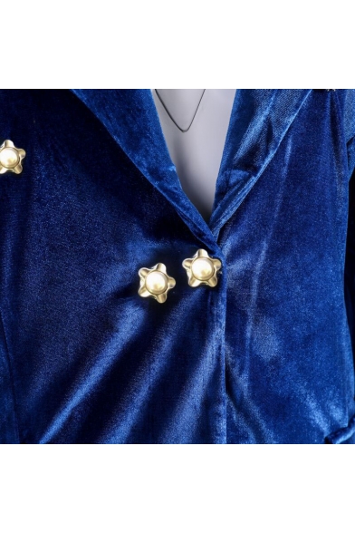 Womens Elegant Dark Blue Chic Button Embellished Slim Pleuche Blazer Coat with Pocket