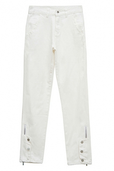 Autumn White Jeans Casual Women's Zipper Leg Straight Leg Pants