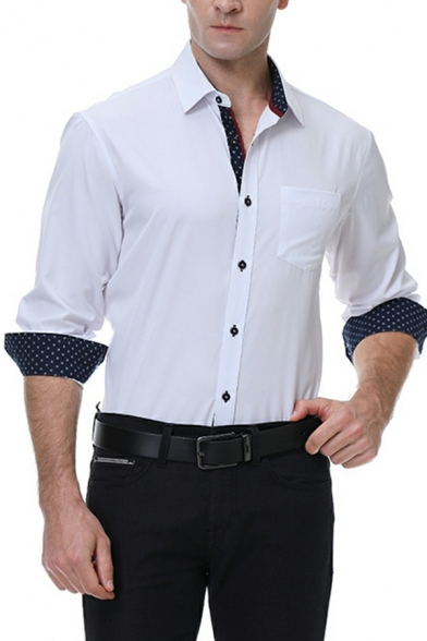Button Down Shirt Men's Business Long Sleeve Slim Lapel Collar Solid Color Shirt