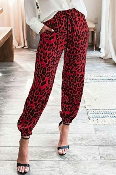 Creative Ladies Pants Leopard Printed Drawstring Regular Ankle Length Mid Rise Pants