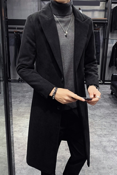 Dashing Guy's Coat Pure Color Pocket Lapel Collar Knee Length Button Closure Trench Coat