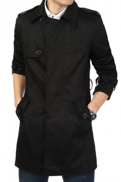 Fancy Coat Solid Spread Collar Regular Long-Sleeved Button Placket Trench Coat for Guys