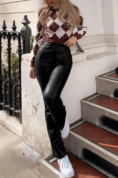 Fashion Checked Pants Women's Casual Trend Flared Leather Pants