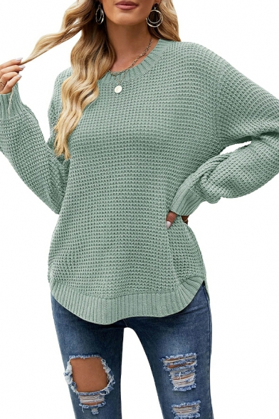 Fashionable Sweater Pure Color Long Sleeve Crew Collar Ribbed Hem Sweater for Girls