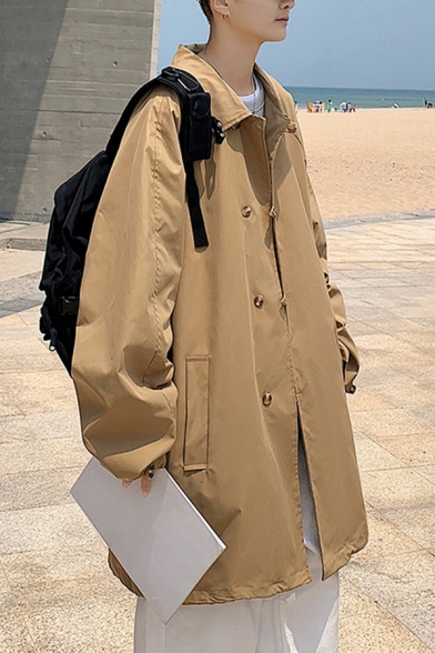 Guy's Fashion Coat Plain Spread Collar Long Sleeves Relaxed Button Placket Trench Coat