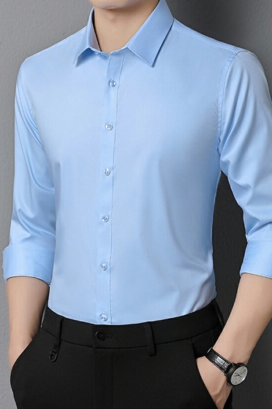 Men's Business Shirt Casual Long Sleeve Solid Color Stand Collar Shirt