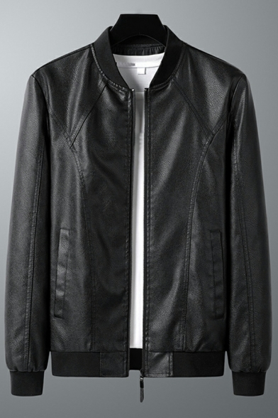 Mens Trendy Jacket Solid Pocket Stand Collar Long Sleeves Regular Zip Down Leather Jacket