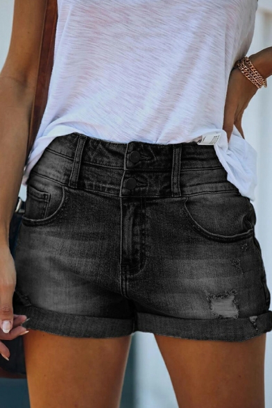 Popular Ladies Shorts Pure Color High Waist Distressed Button Fly Denim Turn Up Shorts