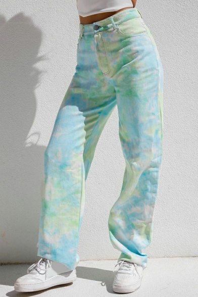 Classic Women Pants Tie Dyed Print Pocket High Rise Long Length Loose Zip Placket Pants