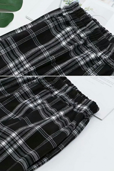 Fashion Ladies Pants Checked Print High Rise Loose Ankle Length Elastic Waist Pants