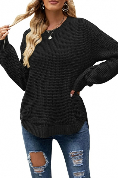 Fashionable Sweater Pure Color Long Sleeve Crew Collar Ribbed Hem Sweater for Girls