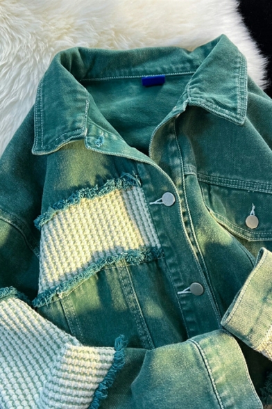 Green Denim Jacket Men's Autumn Loose Lapel Long Sleeved Ripped Stitching Jacket