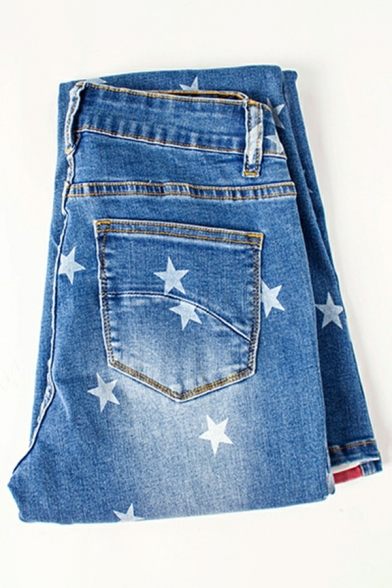 Hot Jeans Star Pattern Regular Mid Rise Zip down Contrast Stripe Flare Jeans for Women