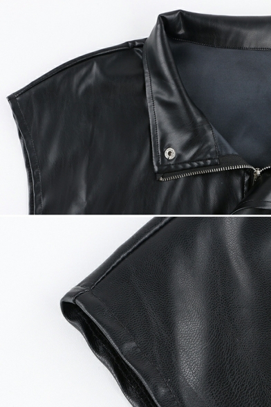 Ladies Fashionable Vest Plain Pocket Detail Stand Collar Zip Closure Oversized PU Vest