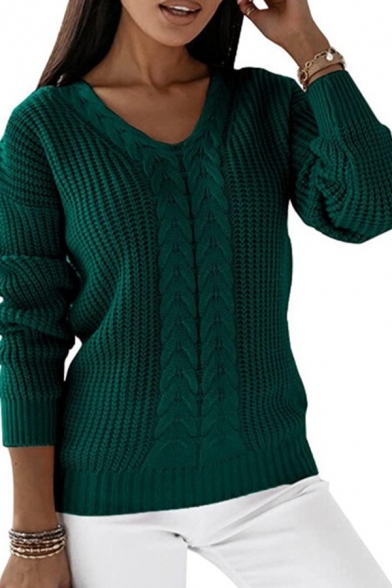 Ladies Trendy Sweater Plain Cable Knit Long Sleeve V Neck Rib Hem Pullover Sweater